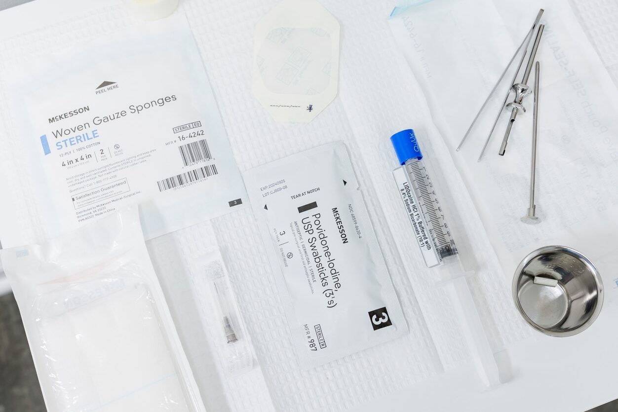 A spread of implements used in pellet therapy for HRT in Winchester, Indiana.