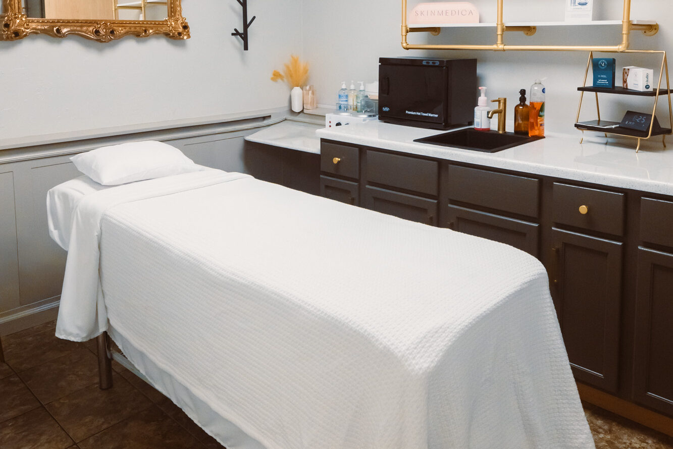 The treatment room is prepared for a client's Brazilian wax in Muncie.